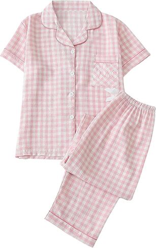 Milumia Women's 2 Piece Pajama Sets Plaid Short Sleeve Button Down Shirt Top and Bow Pants Set in Saudi Arabia