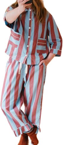 Mxiqqpltky Striped Pajama Set Womens Lounge Set Cute Button Down 3/4 Sleeve Shirt Ruffle Pants 2 Piece Pj Sets Y2K Sleepwear in Kuwait