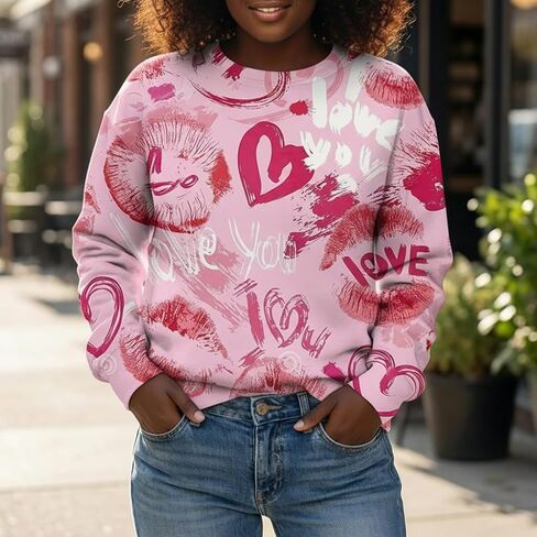 Plus Size Women's Crew Neck Long Sleeve Sweatshirt Love Heart & Lip Print Casual Fashion Top in Saudi Arabia