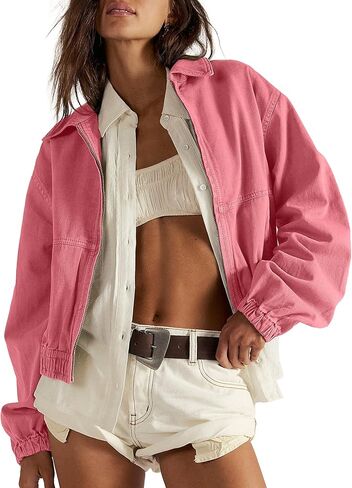 سترة نسائية قصيرة خفيفة الوزن بنمط بومبر مع جيوب أمامية بسحاب وأكمام طويلة لملابس غير رسمية للربيع والخريف in Kuwait