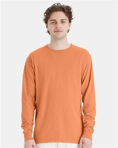 Hanes ComfortWash Men's Long Sleeve T-Shirt – 100% Ring-Spun Cotton, Garment-Dyed, Vintage Washed Softness, Ribbed Cuffs & Collar, Durable Double-Stitch, Casual Style, GDH200, Large, Horizon Orange in Saudi Arabia