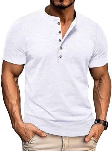 Men's Slim Fit Henley T-Shirt Short Sleeve Casual Cotton Tee 3-Button Placket Soft Breathable Fashion Top in Saudi Arabia