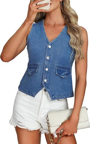 Denim Vest Women V Neck Button Down Sleeveless Casual Waistcoat Jean Vest Top in Saudi Arabia