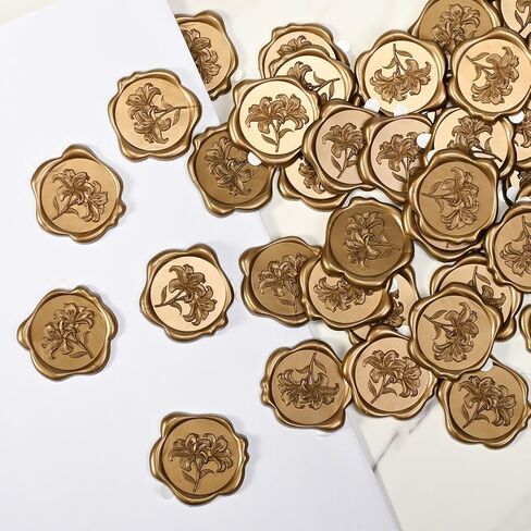 50Pcs Lily Wax Seal Stickers, Self-Adhesive Wedding Invitation Envelope Seal Stickers, Perfect for Invitation, Christmas, Gift Wrapping, Scrapbooking (Gold) in Saudi Arabia