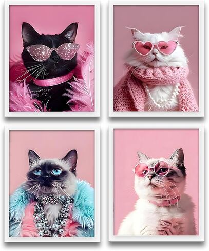 XUNLURY Trendy Retro Cat Wall Art Prints Unframed Set of 4, Funny Fashion Pink Sunglasses Cat Kitten Artwork Wall Pictures for Girls Room Dorm Apartment Home, 8x10 in Saudi Arabia