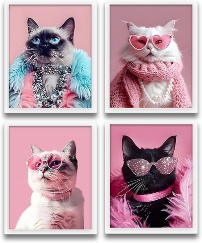 XUNLURY Trendy Retro Cat Wall Art Prints Unframed Set of 4, Funny Fashion Pink Sunglasses Cat Kitten Artwork Wall Pictures for Girls Room Dorm Apartment Home, 8x10 in Saudi Arabia
