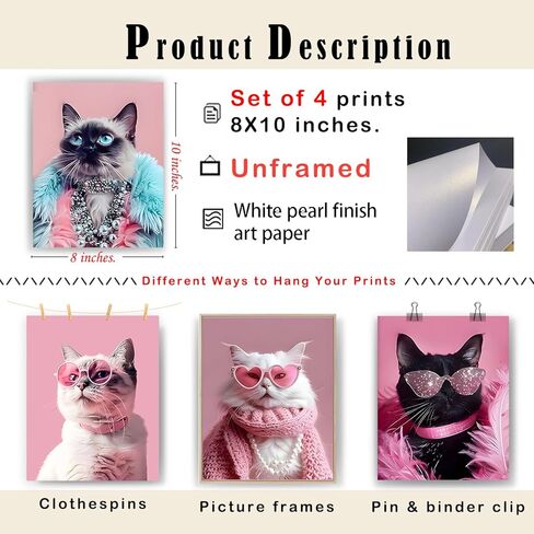 XUNLURY Trendy Retro Cat Wall Art Prints Unframed Set of 4, Funny Fashion Pink Sunglasses Cat Kitten Artwork Wall Pictures for Girls Room Dorm Apartment Home, 8x10 in Saudi Arabia