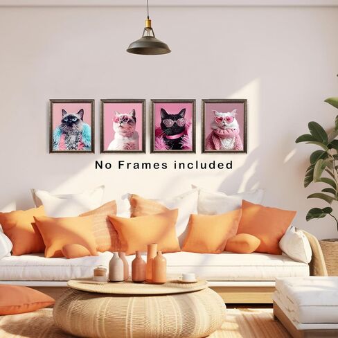 XUNLURY Trendy Retro Cat Wall Art Prints Unframed Set of 4, Funny Fashion Pink Sunglasses Cat Kitten Artwork Wall Pictures for Girls Room Dorm Apartment Home, 8x10 in Saudi Arabia