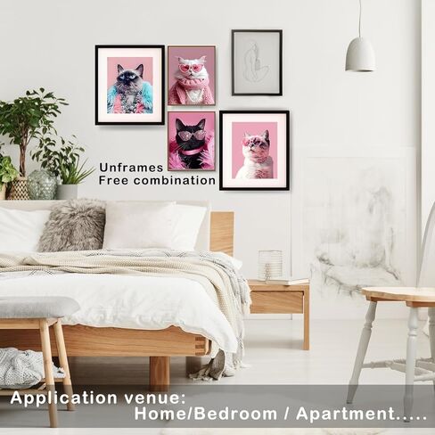 XUNLURY Trendy Retro Cat Wall Art Prints Unframed Set of 4, Funny Fashion Pink Sunglasses Cat Kitten Artwork Wall Pictures for Girls Room Dorm Apartment Home, 8x10 in Saudi Arabia