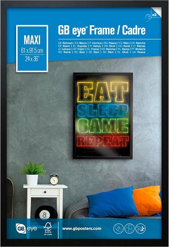 إطار ملصق GB Eye مقاس 24 × 36، إطار خشبي أسود، تركيب أفقي ورأسي، زجاج مقاوم للخدش، عرض لملصق صور مقاس 24 × 36 لديكور المنزل/الغرفة/المكتب - معتمد من مجلس رعاية الغابات (FSC) in Kuwait