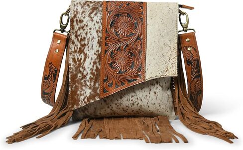 حقيبة كروس من الجلد الطبيعي مصنوعة يدويًا من أديان ويسترن باللون البني للنساء | محفظة مصنوعة يدوياً من الزهور مع حواف من جلد الغزال وحزام قابل للتعديل والفصل in Kuwait