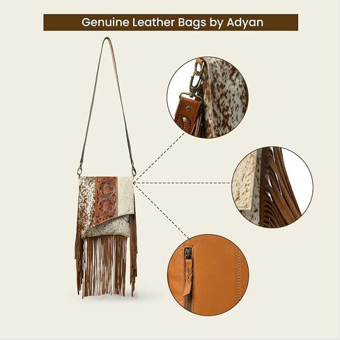 حقيبة كروس من الجلد الطبيعي مصنوعة يدويًا من أديان ويسترن باللون البني للنساء | محفظة مصنوعة يدوياً من الزهور مع حواف من جلد الغزال وحزام قابل للتعديل والفصل in Kuwait