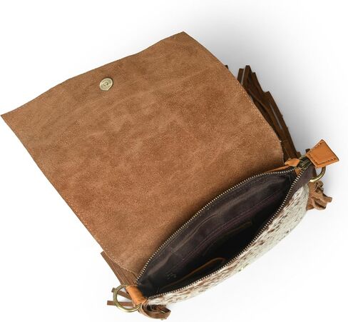 حقيبة كروس من الجلد الطبيعي مصنوعة يدويًا من أديان ويسترن باللون البني للنساء | محفظة مصنوعة يدوياً من الزهور مع حواف من جلد الغزال وحزام قابل للتعديل والفصل in Kuwait