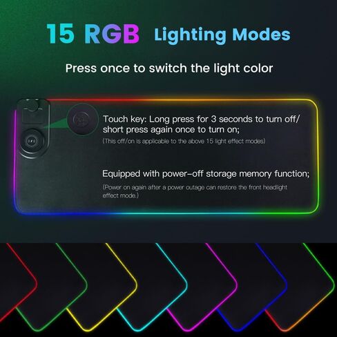 لوحة ماوس 3 في 1 مع شحن لاسلكي، لوحة ماوس مقاس 31.5 × 11.8 بوصة RGB مع شحن لاسلكي مغناطيسي، 15 وضع إضاءة، قاعدة غير قابلة للانزلاق، لوحة مفاتيح مقاومة للماء، أسود in Kuwait