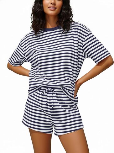Women Striped 2 Pieces Lounge Set Stripes Short Sleeve Tshirts Drawstring Shorts Two Pieces Summer Sets in Saudi Arabia