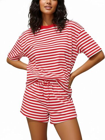 Women Striped 2 Pieces Lounge Set Stripes Short Sleeve Tshirts Drawstring Shorts Two Pieces Summer Sets in Saudi Arabia