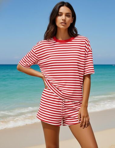 Women Striped 2 Pieces Lounge Set Stripes Short Sleeve Tshirts Drawstring Shorts Two Pieces Summer Sets in Saudi Arabia