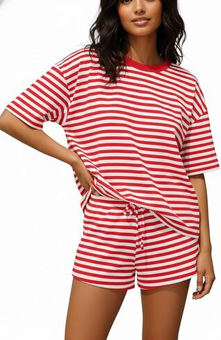 Women Striped 2 Pieces Lounge Set Stripes Short Sleeve Tshirts Drawstring Shorts Two Pieces Summer Sets in Saudi Arabia