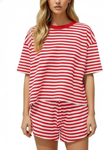 Women Striped 2 Pieces Lounge Set Stripes Short Sleeve Tshirts Drawstring Shorts Two Pieces Summer Sets in Saudi Arabia