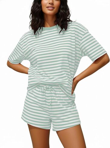 Women Striped 2 Pieces Lounge Set Stripes Short Sleeve Tshirts Drawstring Shorts Two Pieces Summer Sets in Saudi Arabia