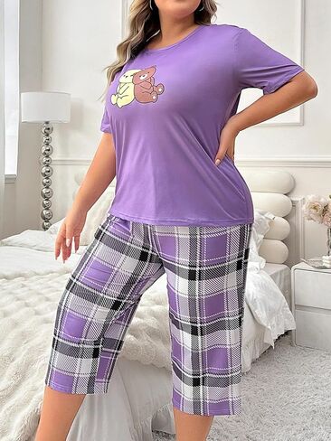 Women’s Loungewear Set, Plus Size 2-Piece Pajama Set Comfortable Short Sleeve Top and Plaid Capri Pants for Spring Summer in Saudi Arabia