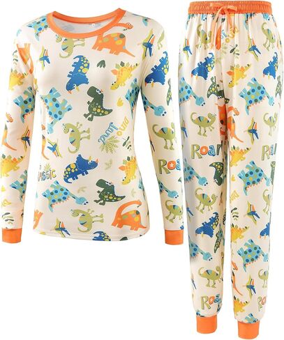 LovinPet Pajamas Set Long Sleeve Sleepwear for Women and Men, Soft Pull-On PJ Loungewear with Pockets, Matching Dog and Owner Pajamas, Dinosaur Print, Orange, 3XL in Saudi Arabia