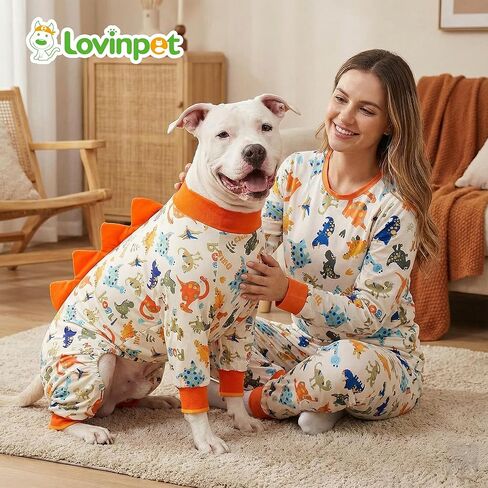 LovinPet Pajamas Set Long Sleeve Sleepwear for Women and Men, Soft Pull-On PJ Loungewear with Pockets, Matching Dog and Owner Pajamas, Dinosaur Print, Orange, 3XL in Saudi Arabia