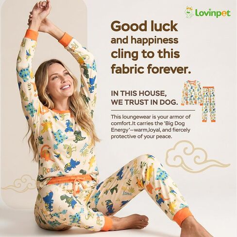 LovinPet Pajamas Set Long Sleeve Sleepwear for Women and Men, Soft Pull-On PJ Loungewear with Pockets, Matching Dog and Owner Pajamas, Dinosaur Print, Orange, 3XL in Saudi Arabia