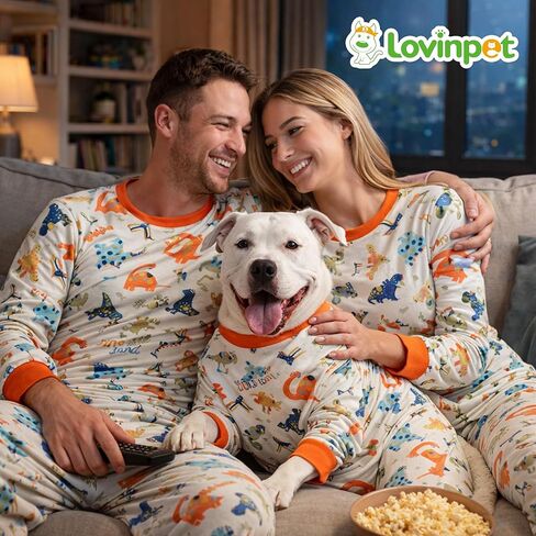 LovinPet Pajamas Set Long Sleeve Sleepwear for Women and Men, Soft Pull-On PJ Loungewear with Pockets, Matching Dog and Owner Pajamas, Dinosaur Print, Orange, 3XL in Saudi Arabia