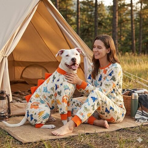 LovinPet Pajamas Set Long Sleeve Sleepwear for Women and Men, Soft Pull-On PJ Loungewear with Pockets, Matching Dog and Owner Pajamas, Dinosaur Print, Orange, 3XL in Saudi Arabia