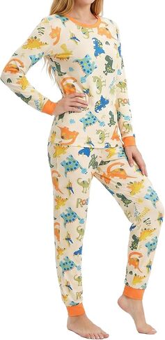 LovinPet Pajamas Set Long Sleeve Sleepwear for Women and Men, Soft Pull-On PJ Loungewear with Pockets, Matching Dog and Owner Pajamas, Dinosaur Print, Orange, 3XL in Saudi Arabia