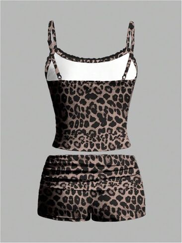 OYOANGLE Women's Cheetah Print Pajamas 2 Piece Lace Trim Cami Crop Top and Ruched Shorts Pajama Sets Sleepwear in Saudi Arabia