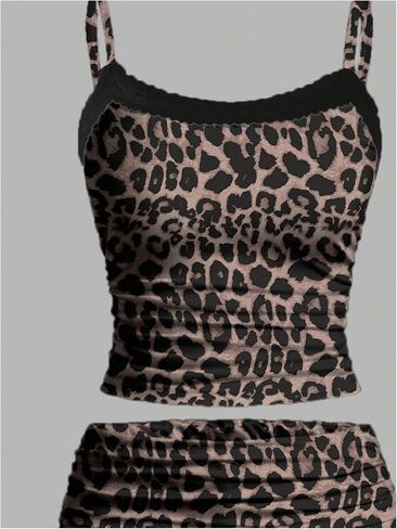 OYOANGLE Women's Cheetah Print Pajamas 2 Piece Lace Trim Cami Crop Top and Ruched Shorts Pajama Sets Sleepwear in Saudi Arabia