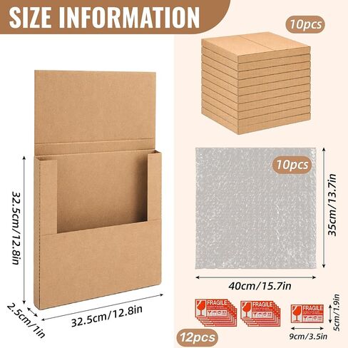 10 Pack Vinyl Record Mailers, LP Shipping Mailer Boxes, Vinyl Record Shipping Boxes, Heavy Duty Cardboard Mailer Box with Fragile Stickers for Mailing Packaging Moving Storage, 12.8 x 12.8 x 1" in Saudi Arabia