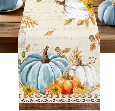 مفرش طاولة الخريف مقاس 13 × 70 بوصة، مفارش طاولة اليقطين الأزرق الطويلة، أوراق الزهور، القطن والكتان، وشاح حصاد الخريف، ديكور طاولة الطعام في المطبخ لعيد الشكر، وحفلات القهوة في الأماكن المغلقة وفي الهواء الطلق in Kuwait
