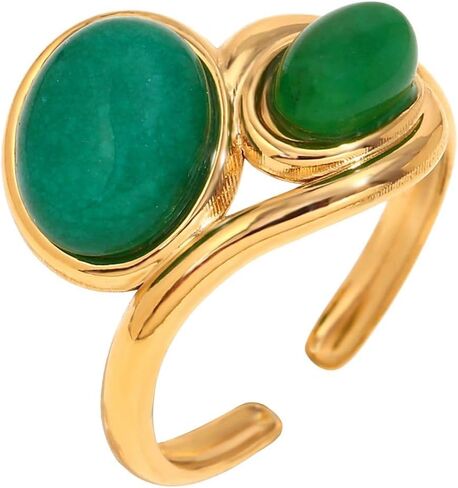 Green Emerald Stone Statement Ring for Women - 18K Gold Plated Gemstone Wedding Engagement Promise Finger Band Adjustable Open Stack Rings Stainless Steel Boho Jewelry for Her in Saudi Arabia