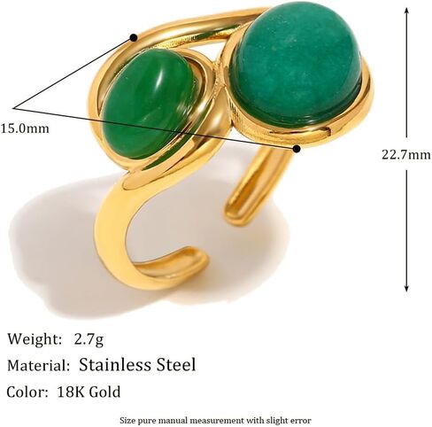 Green Emerald Stone Statement Ring for Women - 18K Gold Plated Gemstone Wedding Engagement Promise Finger Band Adjustable Open Stack Rings Stainless Steel Boho Jewelry for Her in Saudi Arabia