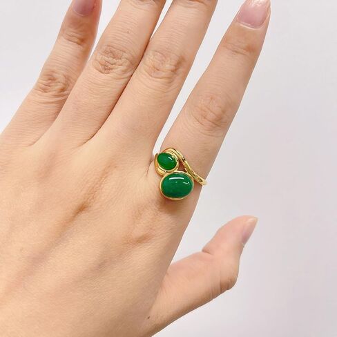 Green Emerald Stone Statement Ring for Women - 18K Gold Plated Gemstone Wedding Engagement Promise Finger Band Adjustable Open Stack Rings Stainless Steel Boho Jewelry for Her in Saudi Arabia