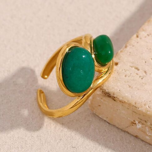 Green Emerald Stone Statement Ring for Women - 18K Gold Plated Gemstone Wedding Engagement Promise Finger Band Adjustable Open Stack Rings Stainless Steel Boho Jewelry for Her in Saudi Arabia