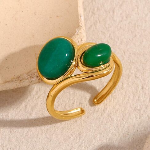 Green Emerald Stone Statement Ring for Women - 18K Gold Plated Gemstone Wedding Engagement Promise Finger Band Adjustable Open Stack Rings Stainless Steel Boho Jewelry for Her in Saudi Arabia