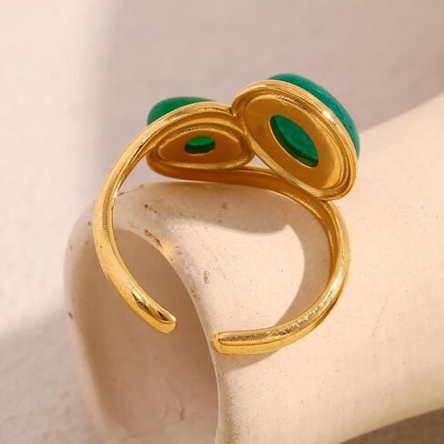Green Emerald Stone Statement Ring for Women - 18K Gold Plated Gemstone Wedding Engagement Promise Finger Band Adjustable Open Stack Rings Stainless Steel Boho Jewelry for Her in Saudi Arabia