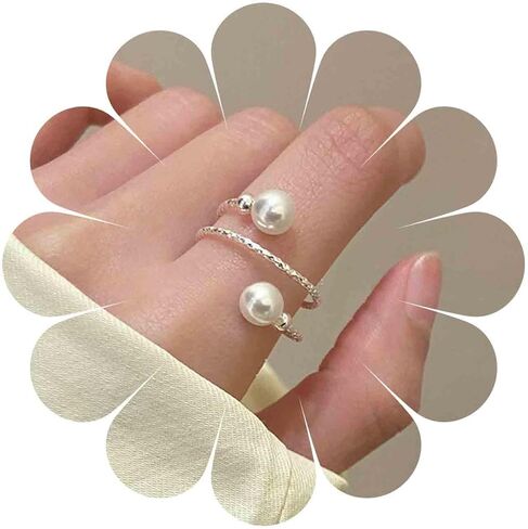 Vintage Pearl Ring Silver Pearl Wrap Ring White Pearls Bead Finger Ring Adjustable Open Finger Ring Spiral Helix Rings Stacking Pearls Cuff Rings Jewelry for Women in Saudi Arabia