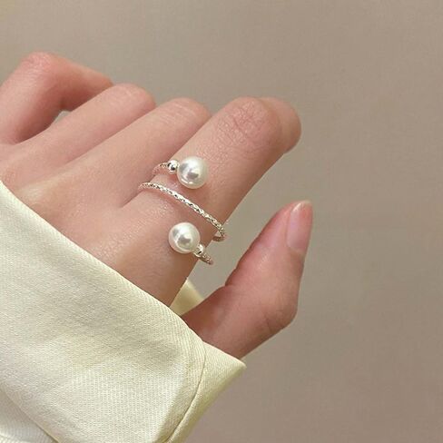 Vintage Pearl Ring Silver Pearl Wrap Ring White Pearls Bead Finger Ring Adjustable Open Finger Ring Spiral Helix Rings Stacking Pearls Cuff Rings Jewelry for Women in Saudi Arabia