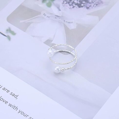 Vintage Pearl Ring Silver Pearl Wrap Ring White Pearls Bead Finger Ring Adjustable Open Finger Ring Spiral Helix Rings Stacking Pearls Cuff Rings Jewelry for Women in Saudi Arabia