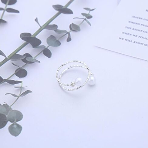 Vintage Pearl Ring Silver Pearl Wrap Ring White Pearls Bead Finger Ring Adjustable Open Finger Ring Spiral Helix Rings Stacking Pearls Cuff Rings Jewelry for Women in Saudi Arabia