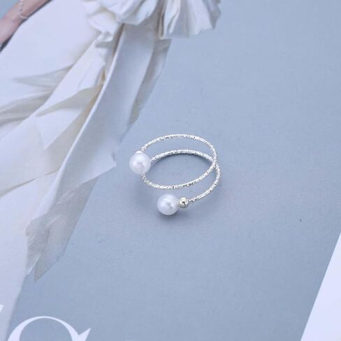 Vintage Pearl Ring Silver Pearl Wrap Ring White Pearls Bead Finger Ring Adjustable Open Finger Ring Spiral Helix Rings Stacking Pearls Cuff Rings Jewelry for Women in Saudi Arabia
