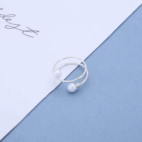 Vintage Pearl Ring Silver Pearl Wrap Ring White Pearls Bead Finger Ring Adjustable Open Finger Ring Spiral Helix Rings Stacking Pearls Cuff Rings Jewelry for Women in Saudi Arabia
