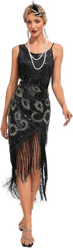 Women's Vintage 1920s Flapper Sequin Beads Dress, 1920s Great Gatsby Dresses for Women Sequin Fringe Set Costumes Accessories in Saudi Arabia