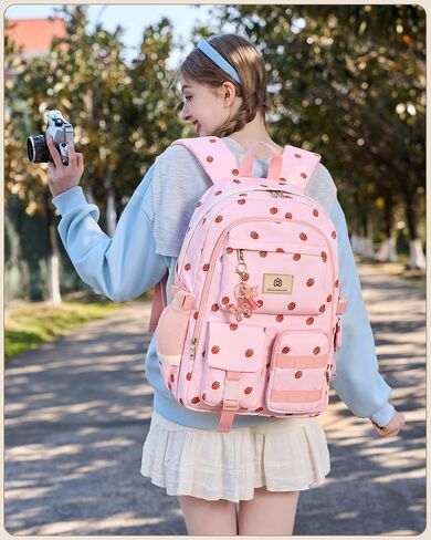 Laptop School Backpack for Teen Girls Women 15.6 Inch Cute College Backpacks Large Elementary Middle High School Bag Kids Student Strawberry Bookbag Anti Theft Travel Casual Daypack (Pink-Strawberry) in Saudi Arabia