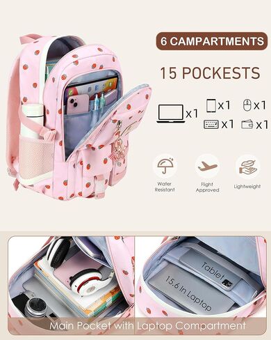 Laptop School Backpack for Teen Girls Women 15.6 Inch Cute College Backpacks Large Elementary Middle High School Bag Kids Student Strawberry Bookbag Anti Theft Travel Casual Daypack (Pink-Strawberry) in Saudi Arabia